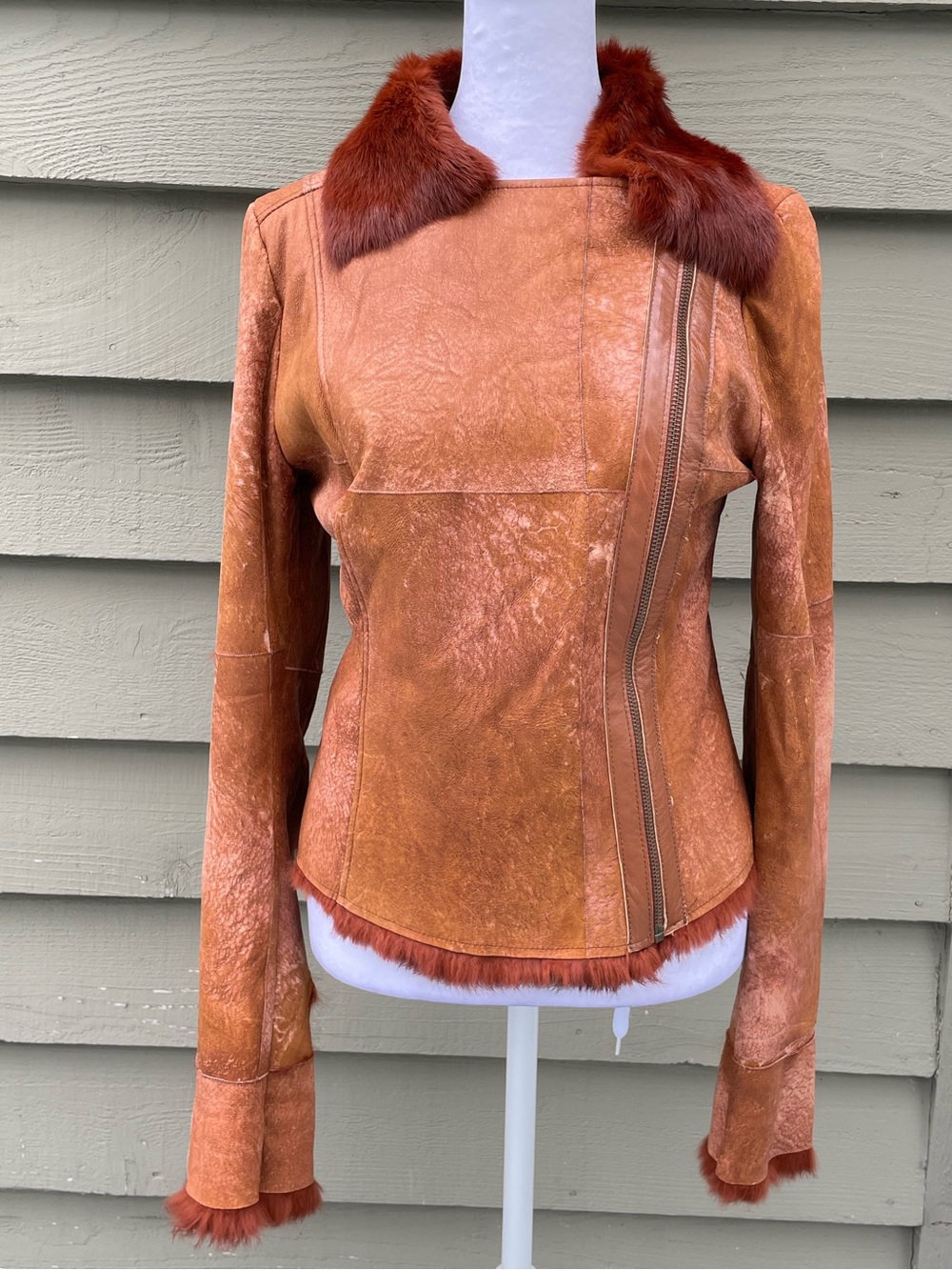 Y2K G-Brand Italy Rust Brown Shearling-Trim Leather Jacket size Small - Picture 2 of 13